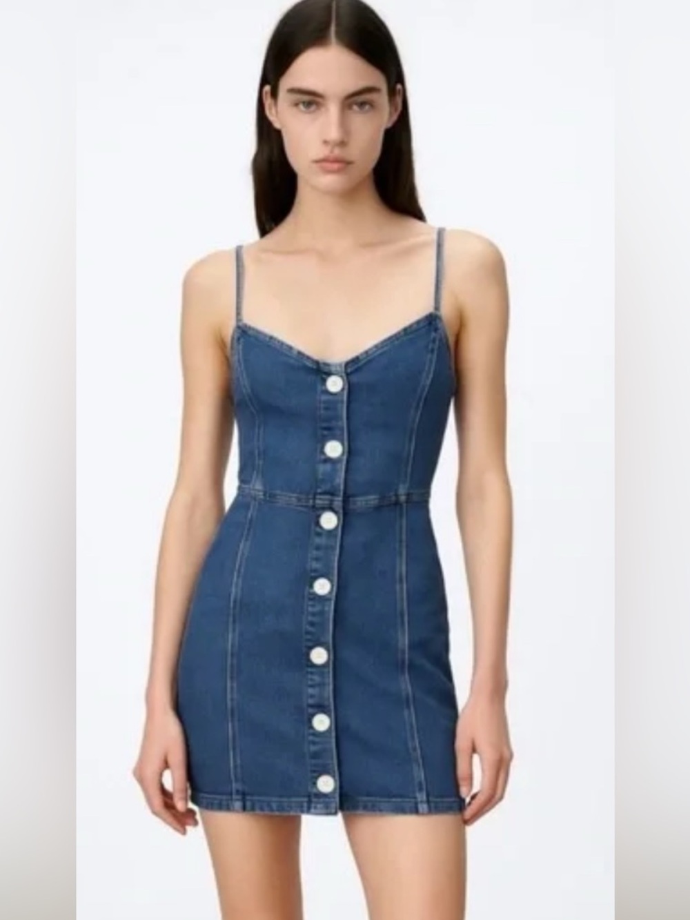 Zara Dark Blue Denim Button-Front Spaghetti Strap Mini Dress
